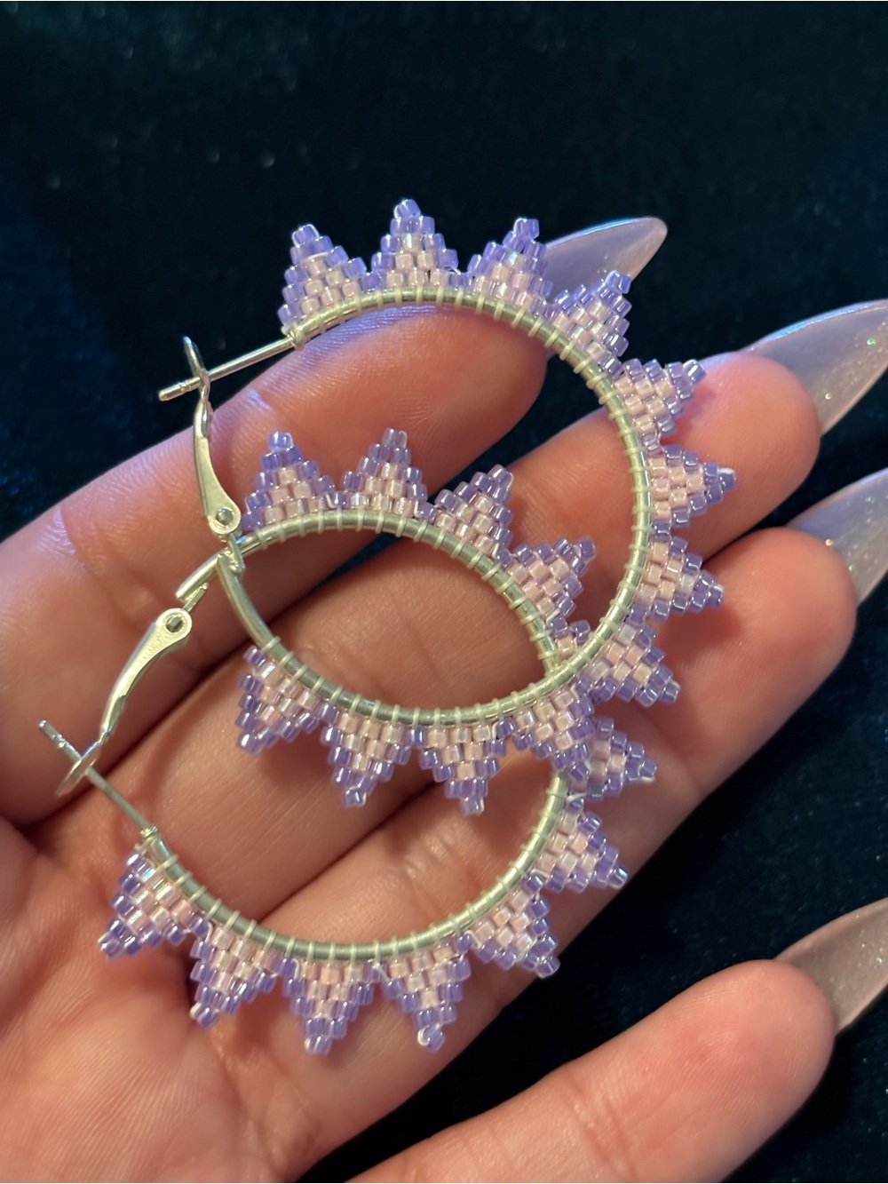 Handmade Lilac Beaded Hoop Earrings - Women Jewelry